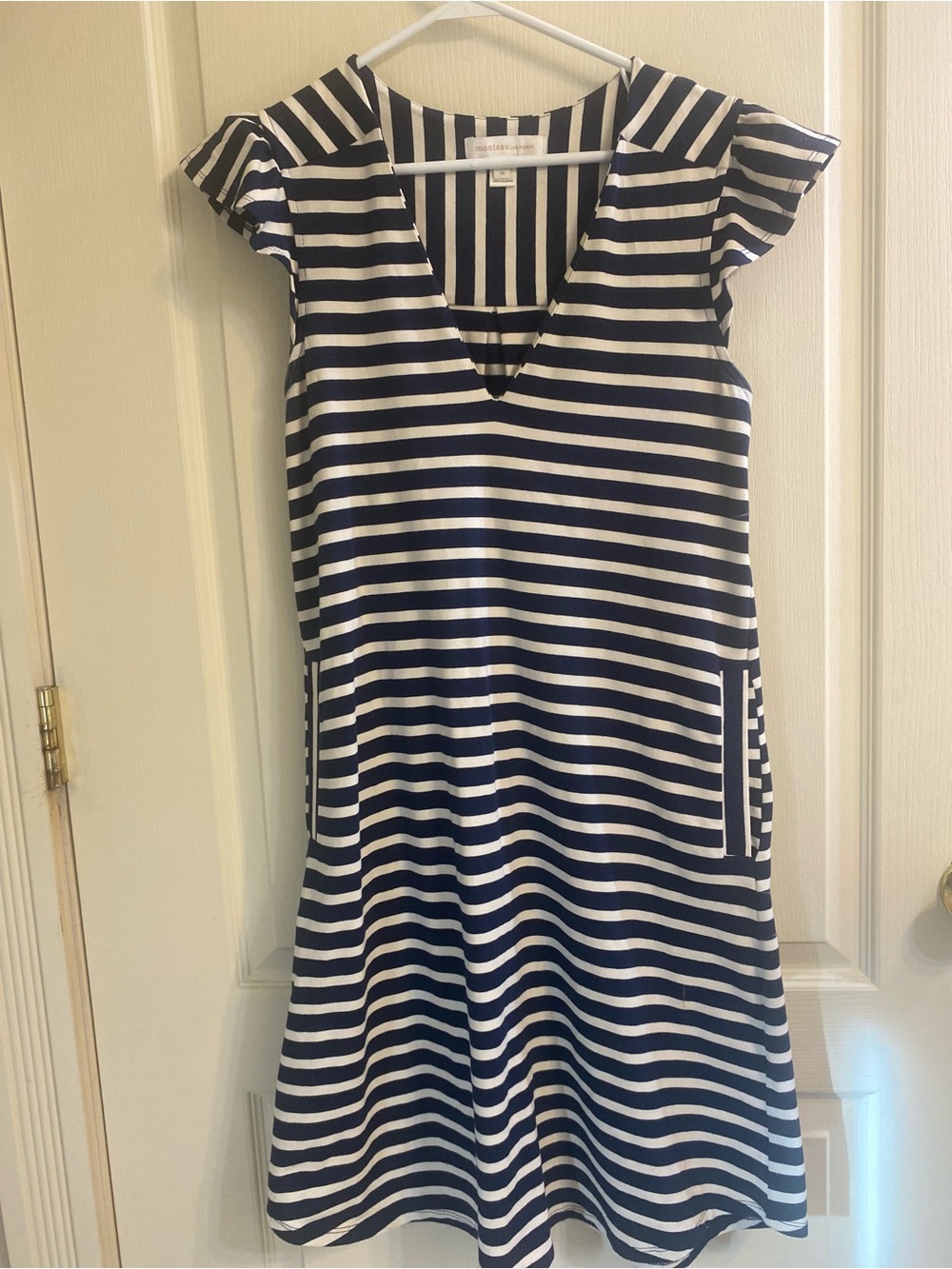 Monteau Navy and White Striped V-Neck Top